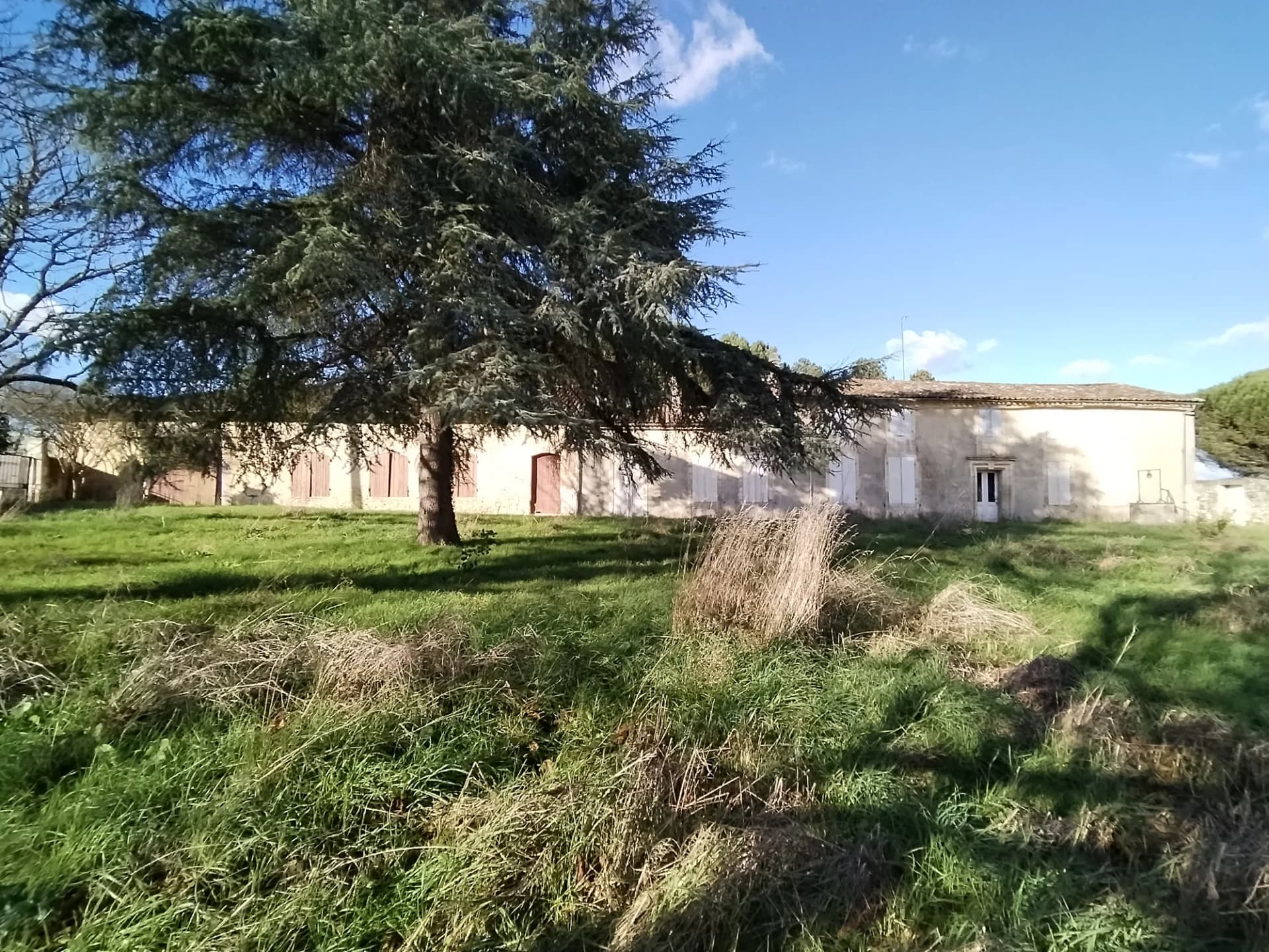 Maison ancienne à l'extérieur, entourée de verdure et d'arbres.